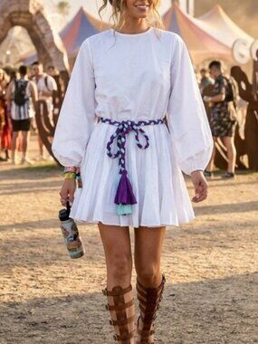 NEW $428 RHODE ELLA FLOWY WHITE MINI DRESS W/MULTICOLOR BRAIDED BELT #2 SIZE S